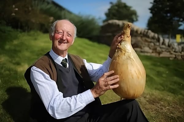 De la taille relative des légumes et des personnes âgées qui les tiennent